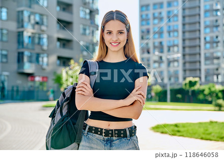 Outdoor portrait young teenager student female with backpack Outdoor portrait young teenager student female with backpack 118646058