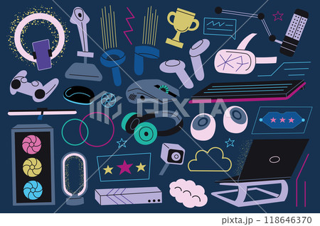 Vector illustration set of gaming equipment and accessories, collection of controllers, headphones, microphones, VR gear, and gaming peripherals. Flat cartoon style, ideal for tech and gaming themes Vector illustration set of gaming equipment and accessories, collection of controllers, headphones, microphones, VR gear, and gaming peripherals. Flat cartoon style, ideal for tech and gaming themes 118646370