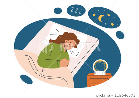 Vector illustration of woman peacefully sleeping in bed, cozy bedroom with nightstand, modern alarm with night lamp. Comfortable pillow, blanket and bedding. Night scene with stars and moon Vector illustration of woman peacefully sleeping in bed, cozy bedroom with nightstand, modern alarm with night lamp. Comfortable pillow, blanket and bedding. Night scene with stars and moon 118646373
