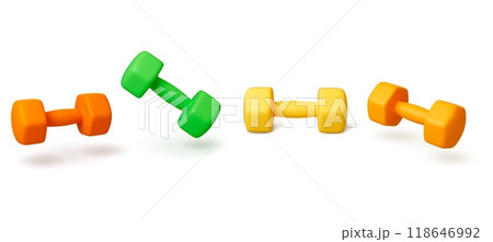 3d realistic dumbbells. Realistic vibrant dumbbell various rotate. Isolated fitness gym athletics equipment, sport workout tool, pithy vector set 118646992