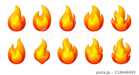 Cartoon 3d fire. Fires symbols, plastic style render elements. Orange red flames, gas energy power logos. Isolated hot emblems, pithy vector collection 118646993