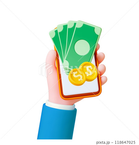 Digital wallet concept. 3d smartphone with money on screen in human hand. Online payment banking financial app. Banknotes and coins, realistic vector elements 118647025