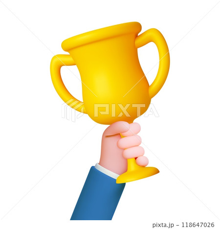 Businessman holding golden cup. 3d gold trophy, business victory and success, leadership. Celebrating champions, winners. Sport competition prize vector concept Businessman holding golden cup. 3d gold trophy, business victory and success, leadership. Celebrating champions, winners. Sport competition prize vector concept 118647026