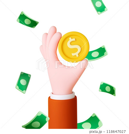 3d male hand holding gold coin. Falling green banknotes. Render realistic business concept, finance, banking. Profit and dividends, vector scene 3d male hand holding gold coin. Falling green banknotes. Render realistic business concept, finance, banking. Profit and dividends, vector scene 118647027