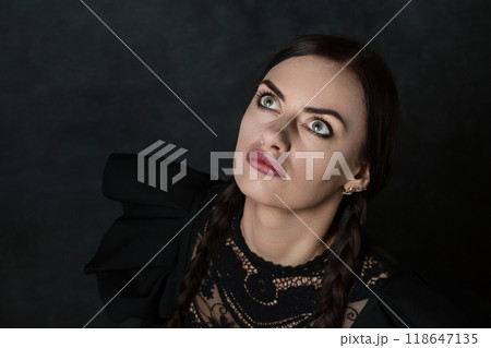 Spooky beautiful woman in black dress, Halloween concept 118647135