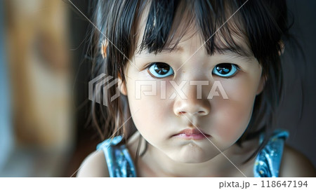Engaging Close Up of a Grumpy Unhappy Asian Girl Child Revealing the Playful Spirit and Innocence of Youth 118647194