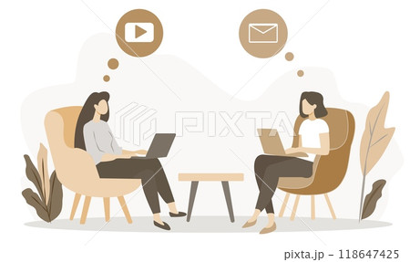 Two women are working on laptops, facing each other, with communication icons like video and email above their heads. Flat design on a light background. Concept of online communication and remote work Two women are working on laptops, facing each other, with communication icons like video and email above their heads. Flat design on a light background. Concept of online communication and remote work 118647425