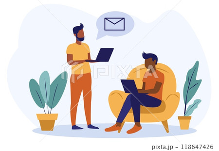 Two people with laptops in a home office setting, one standing and the other sitting. Minimalist design with plants in the background. Concept of remote work and online collaboration. Vector 118647426