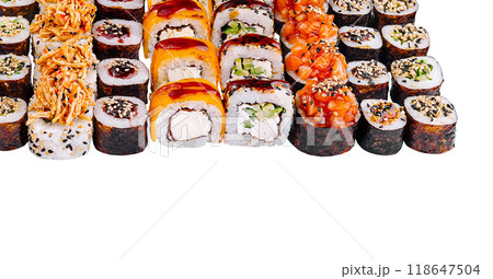 Big set of delicious sushi rolls with various ingredients on white background 118647504