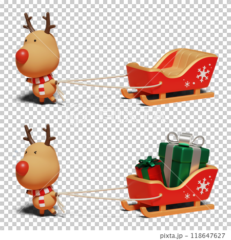Rudolph pulling a sleigh with two facial expressions 3D graphics 118647627