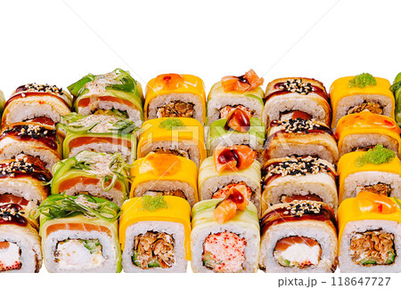 Delicious assortment of colorful sushi rolls is presented, showcasing a variety of fresh ingredients and flavors Delicious assortment of colorful sushi rolls is presented, showcasing a variety of fresh ingredients and flavors 118647727