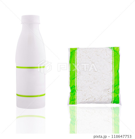 White plastic bottle and vacuum sealed bag with cottage cheese on white background 118647753