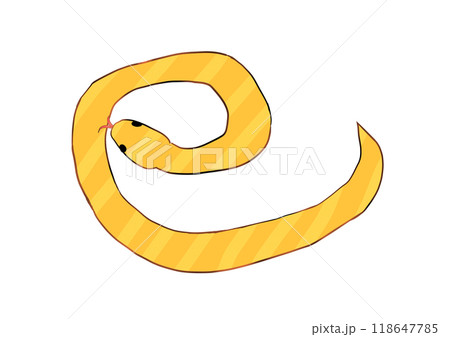 黄色のヘビが漢字の巳の形になっている年賀状向ペン画イラスト 黄色のヘビが漢字の巳の形になっている年賀状向ペン画イラスト 118647785