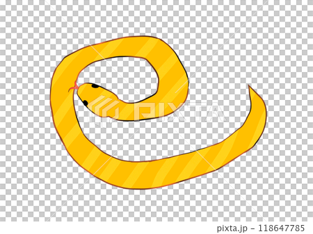 黄色のヘビが漢字の巳の形になっている年賀状向ペン画イラスト 黄色のヘビが漢字の巳の形になっている年賀状向ペン画イラスト 118647785