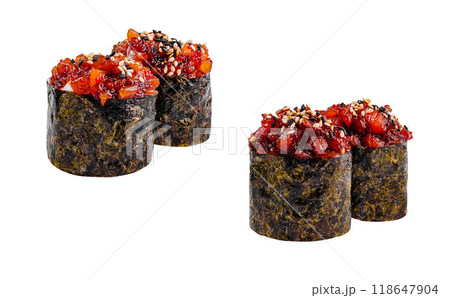 Gunkan maki sushi rolls with spicy seafood topping isolated on white background Gunkan maki sushi rolls with spicy seafood topping isolated on white background 118647904
