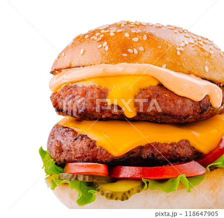 Delicious burger with melted cheese and vegetables on white background Delicious burger with melted cheese and vegetables on white background 118647905
