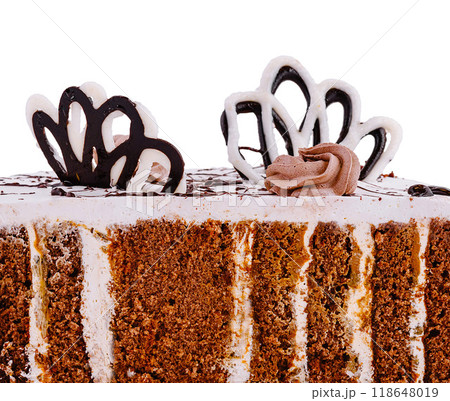 Delicious chocolate cake slice decorated with chocolate cream flowers 118648019