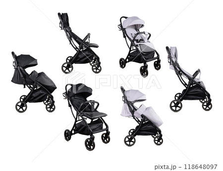 Baby stroller isolated on white background showing different positions 118648097