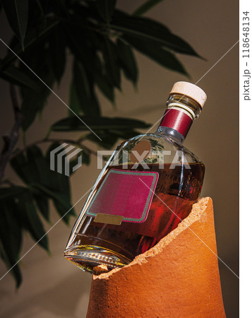 Bottle of cognac balancing precariously on edge of broken clay pot Bottle of cognac balancing precariously on edge of broken clay pot 118648134