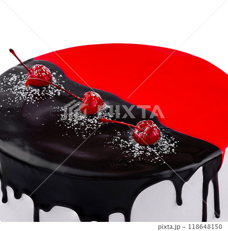 Delicious red and black cake dripping icing with cherries 118648150