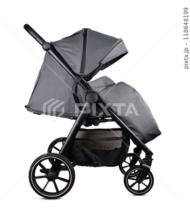 Modern gray baby stroller with canopy isolated on white background 118648199