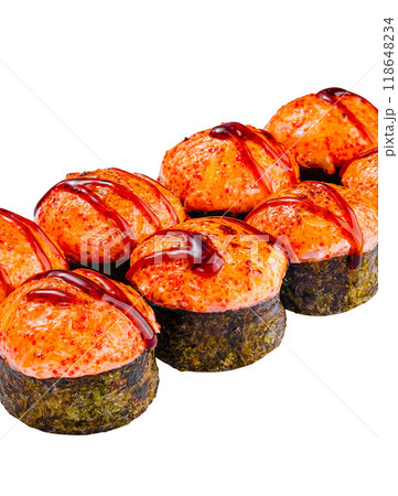 Spicy sushi rolls with salmon and sauce standing in a row on white background Spicy sushi rolls with salmon and sauce standing in a row on white background 118648234