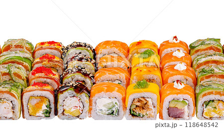 Sushi set forming a colorful mosaic on white background Sushi set forming a colorful mosaic on white background 118648542