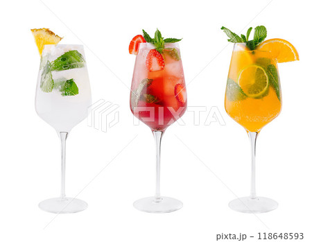 Three refreshing summer cocktails standing on white background Three refreshing summer cocktails standing on white background 118648593