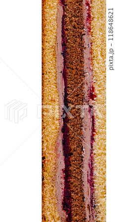 Delicious cake layers showing filling and sponge cake Delicious cake layers showing filling and sponge cake 118648621