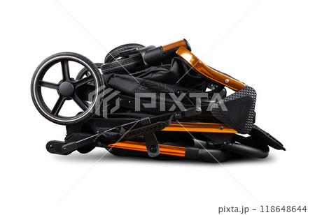 Modern folded baby stroller isolated on white background 118648644