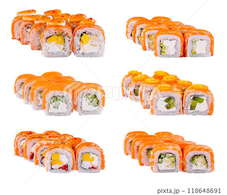 Six types of delicious uramaki sushi rolls with various ingredients on white background 118648691