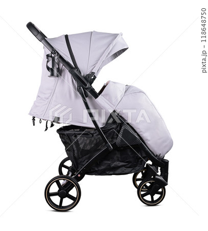 Modern gray baby stroller isolated on white background 118648750