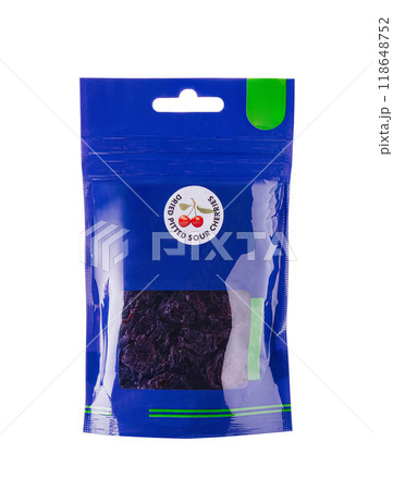 Blue doypack pouch filled with dried pitted sour cherries packaging mockup 118648752