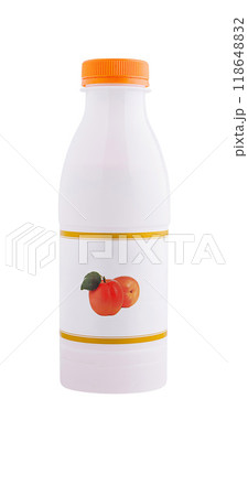 White plastic bottle with orange cap showing apricots on label is standing White plastic bottle with orange cap showing apricots on label is standing 118648832