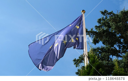 European Union Flag Waving Against The Sky Background On A Pole 118648878