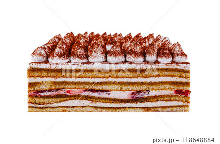 Delicious tiramisu cake with layers of cream and strawberries isolated on white background Delicious tiramisu cake with layers of cream and strawberries isolated on white background 118648884