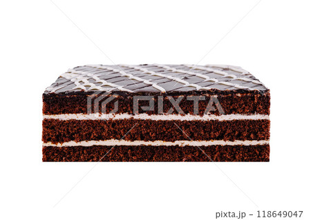 Delicious chocolate cake with white icing showing layers on white background 118649047