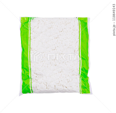 Sealed plastic bag presenting fresh cottage cheese isolated on white 118649143
