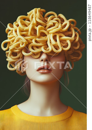 Futuristic creative portrait of a girl with pasta on her head 118649487
