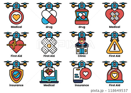 A set of medical icons including a heart, a first aid kit, a house, a hospital A set of medical icons including a heart, a first aid kit, a house, a hospital 118649537
