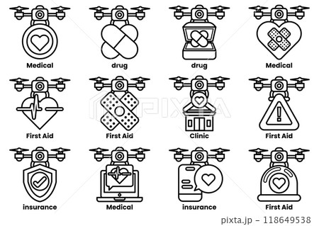 A set of medical icons including a heart, a first aid kit, a house, a hospital A set of medical icons including a heart, a first aid kit, a house, a hospital 118649538