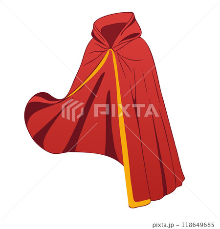Red magic cloak with hood in flat design. Flowing cape for superhero costume. Vector illustration isolated. 118649685