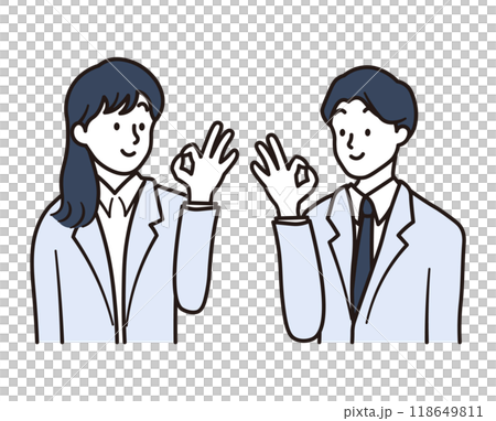 一位亞洲女商人和商人微笑著做出 OK 手勢的插圖素材 118649811