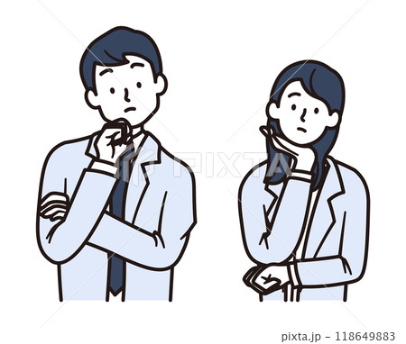 腕を組んで考える女性と男性の会社員のイラスト素材 118649883