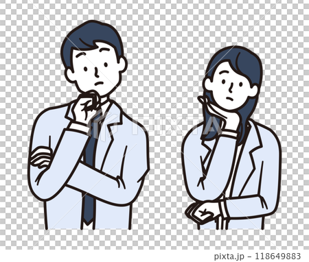 腕を組んで考える女性と男性の会社員のイラスト素材 118649883