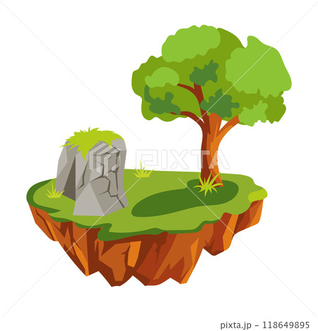 Flying ground island in flat design. Level platform with stone, tree and lawn. Vector illustration isolated. 118649895