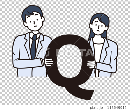 Illustration material of male and female office workers thinking with question marks 118649913