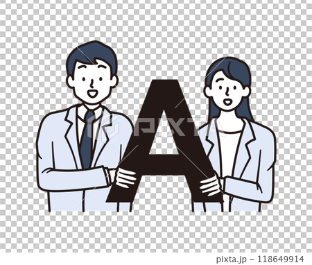 Illustration material of male and female office workers thinking with answer mark 118649914