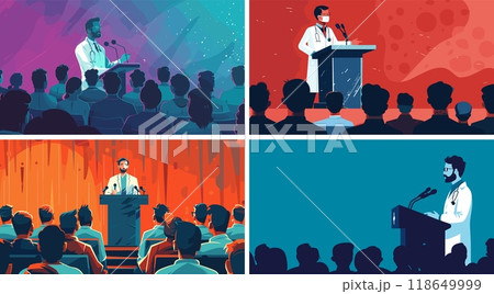 Research mentor presentation cartoon vector scenes. White lab jacket man doctor scientist individual microphones stage spectators back view heads participants symposium medical conference summit 118649999