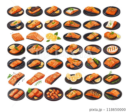 Red meat fish steak cartoon vector set. Tomato fillet grill lime citrus seasoning sea caviar bbq plate serving salmon marine roast culinary seafood savory wholesome bistro dish, isolated illustrations 118650000